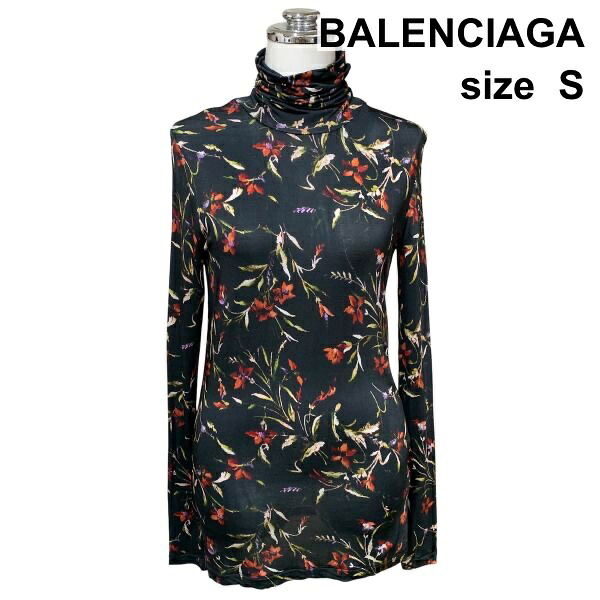 【中古】バレンシアガ BALENCIAGA カットソー ハイネック タートル 長袖 花柄 総柄 トップス 黒 オレンジ ベージュ S 7号 レディース Z6B222｜BRANKASTA 店