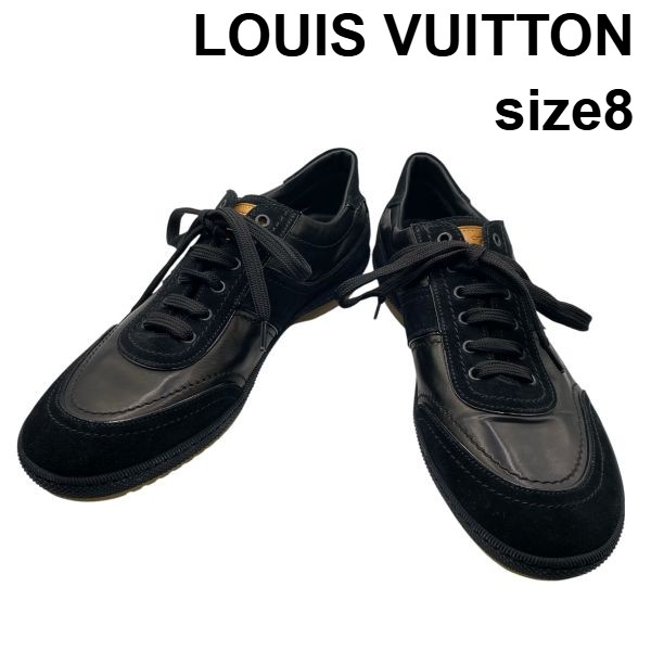 【中古】ルイヴィトン LOUIS VUITTON ローカットスニーカー 書きあらわす体ロゴタイプ 異原料品 ダイアログボックス青写真 黒 なめし革 スエードクロス 8 27糎 メンズ 6D166