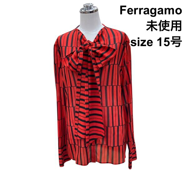 【中古】未使用 フェラガモ Ferragamo ボウタイブラウス シャツ 長袖 リボン シアー 赤 黒 シルク 44 L~XL 15号 レディース Z6B489|BRANKASTA 店