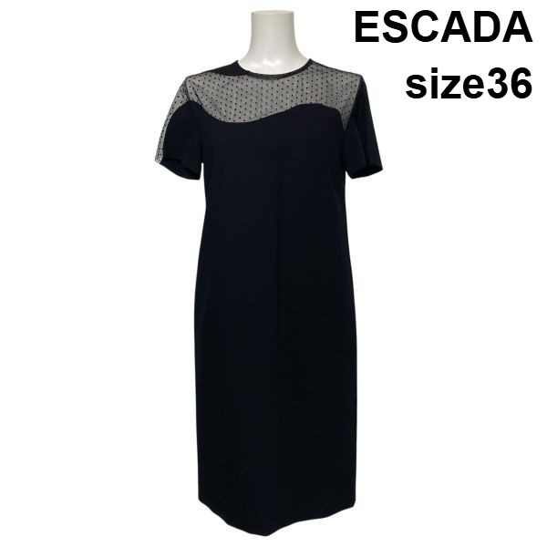 【中古】エスカーダ ESCADA アシンメトリースイスドットドレス 衣裳 MIDI丈 半袖 I伝達ルート メッシュ 黒 36 S 7号 レディース S6C783
