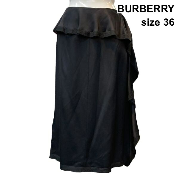【中古】赤ちょうちんバリー BURBERRY フラウンススコート 非相称 バックジップ MIDI丈 黒 絹地100% 36 S 7号 レディース Z6B659