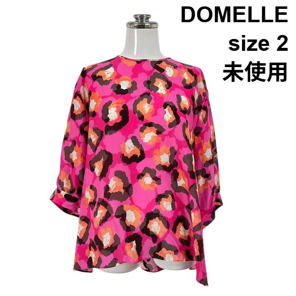 【中古】未当て嵌める ドメル DOMELLE プルオーバー トップ 七分袖 レオパード柄 ヒョウ柄 サクラ色 赤銅色 オレンジ色 地絹混 2 M 9号 レディース S5C753