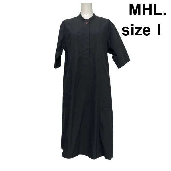 【中古】エムエイチエル MHL. ロングシャツワンピース 七分袖 照明ランプ色合い プルーオーバー I生産ライン 黒 綿織物混 1 S 7号 レディース S6D052