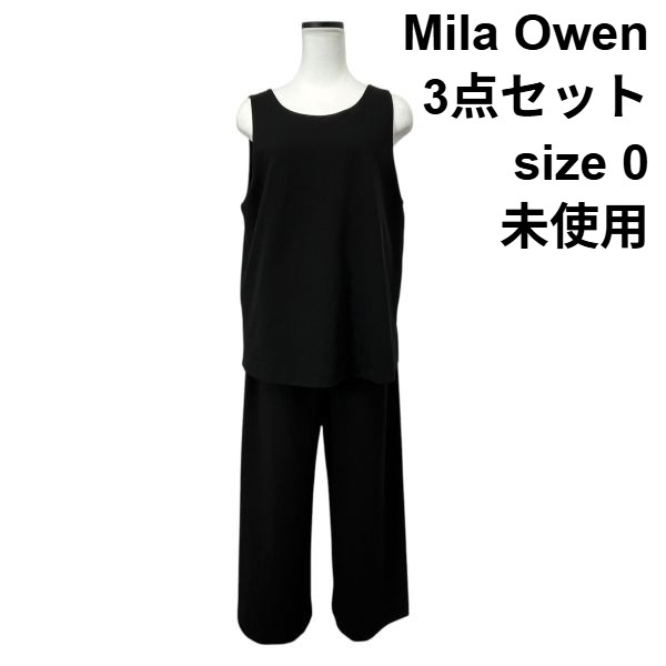 【中古】未当て嵌める ミラオーウェン Mila Owen ズボン下セットアップ トップス 肌付き ノースリーブ 3点仕掛ける 黒 0 M 9号 レディース S6D134