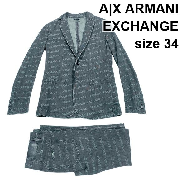 【中古】アルマーニエクスチェンジ A|X ARMANI EXCHANGE ジーンズ上衣 ズボン下 セットアップ ロゴタイプ総柄  米国海軍 綿織物 メンズ S6D160