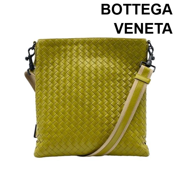 【中古】ボッテガヴェネタ BOTTEGA VENETA イントレチャート ショルダーバッグ クロスボディバッグ 真四角型 黄色系 なめし革 メンズ 6D195