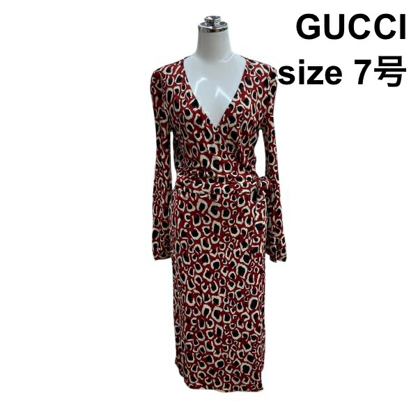 【中古】グッチ GUCCI カシュクールワンピース 長袖 Vネック ロング プリント 総柄 赤 白 黒 S 7号 レディース Z6B515｜BRANKASTA 店