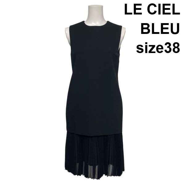 【中古】ルシェルブルー LE CIEL BLEU ノースリーブワンピース ドレス ミディ丈 Iライン プリーツ 異素材コンビ 黒 38 M 9号 レディース S6D397｜BRANKASTA 店