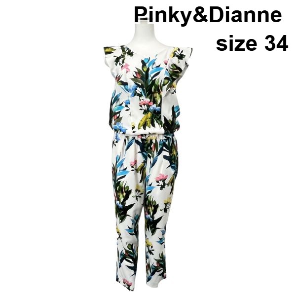 【中古】ピンキーアンドダイアン Pinky&Dianne オールインワン パンツ ノースリーブ フリル袖 花柄 総柄 白 34 XS～XXS レディース S6D327｜BRANKASTA 店