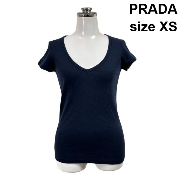 【中古】プラダ PRADA プルオーバー トップス 半袖 Vのど首 ロゴタイプ 米国海軍 綿織物100％ XS 5号 レディース S6D414
