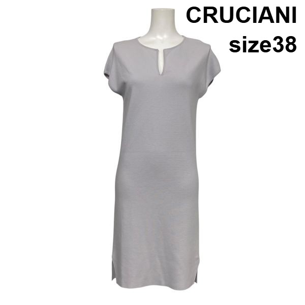 【中古】クルチアーニ CRUCIANI ニットワンピース 半袖 ミディ丈 キーネック Iライン ライトグレー 綿100％ 38 M 9号 レディース S6D330｜BRANKASTA 店