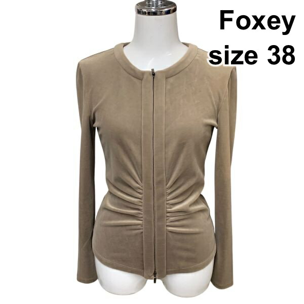 【中古】フォクシー Foxey ジレー 長袖 ラウンドのど首 ダブルジップ 天鵞絨調 酉の方角ギャザー ベージュ 38 M 9号 レディース Z6B979
