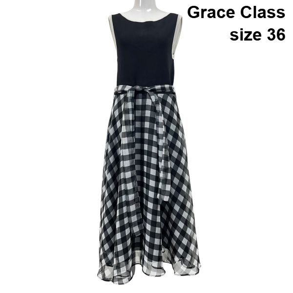 【中古】グレース位置付け Grace Class ロング衣裳 シアーギンガムコンビ 異原料品うつり変わり 三尺帯付 黒 白 薄墨色 36 レディース S6D428