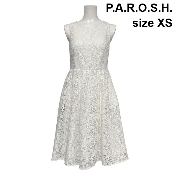 【中古】パロッシュ P.A.R.O.S.H. 総レースワンピース ドレス ノースリーブ ミディ丈 フレア 花柄 Aライン シアー 白 XS 5号 レディース S6D647｜BRANKASTA 店
