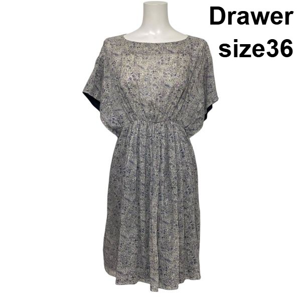 【中古】ドゥロワー Drawer ギャザーワンピース 半袖 ミディ丈 フレンチスリーブ フレア 小花柄 マルチカラー 麻100 36 S 7号 レディース S6D622｜BRANKASTA 店
