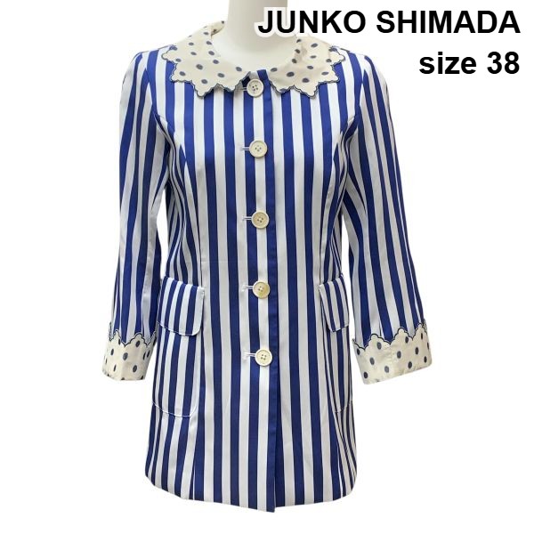 【中古】ジュンコシマダ JUNKO SHIMADA 上衣 七分袖 レトロクラシック 襟袖取りはらい可 縞模様 点点 青 白 38 M 9号 レディース Z6B832
