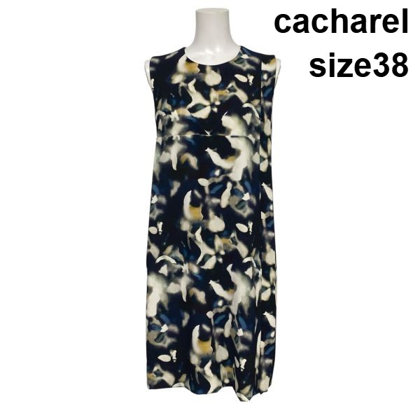 【中古】キャシャレル cacharel ひざ丈ワンピース ノースリーブ アブストラクトプリント Aライン 花柄 マルチカラー 38 M 9号 レディース S6D654｜BRANKASTA 店
