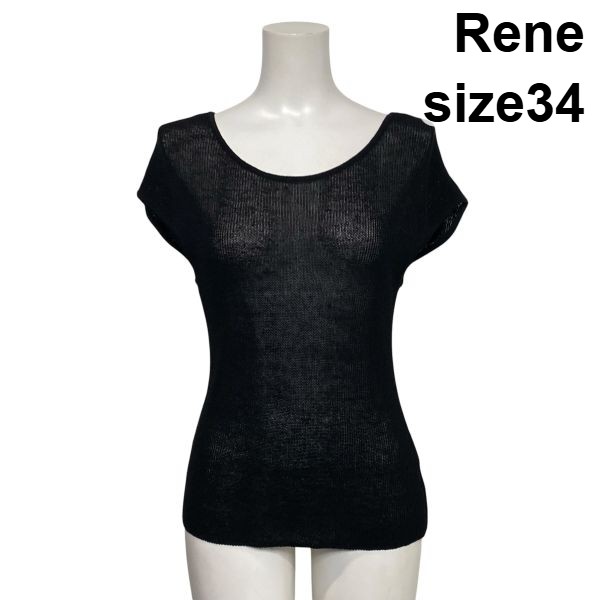 【中古】ルネ Rene 半袖編み物 炎節編み物 ティーシャツ ラウンドのど首 透かし編み シアー 黒 黒いこと リネン混 34 S 7号 レディース S6D679