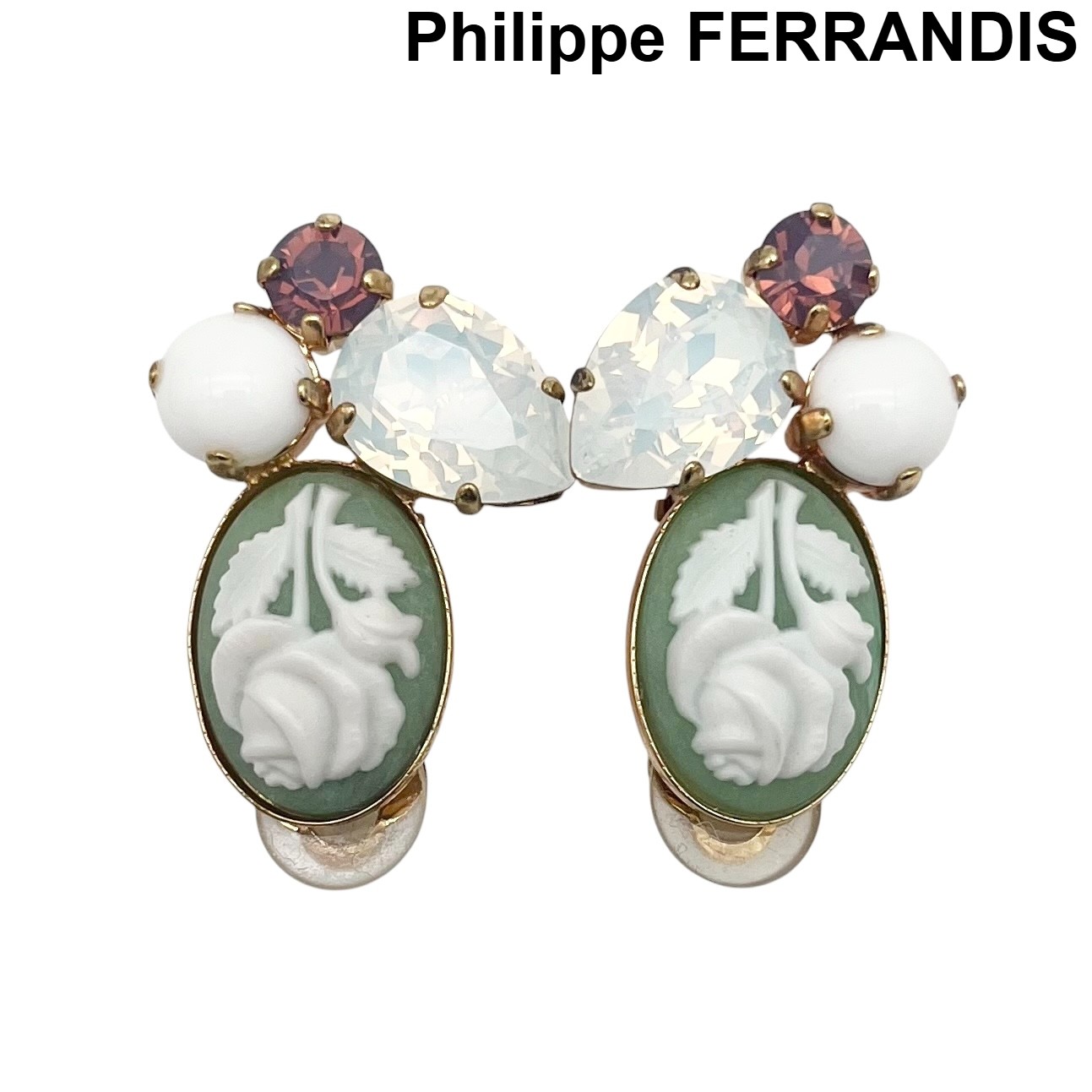 【中古】フィリップフェランディス Philippe FERRANDIS クラスターイヤリング ヴィンテージ シェルカメオ クリスタル グリーン レディース 6V465|BRANKASTA 店