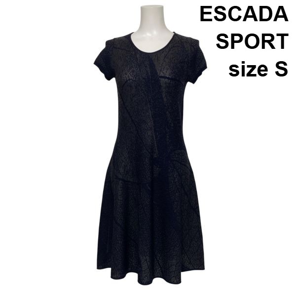 【中古】エスカーダスポート ESCADA ひざ丈衣裳 御召しもの 半袖 太陽フレア A伝達ルート ラウンドのど首 総柄 紺 羊毛混 S 7号 レディース S6D784