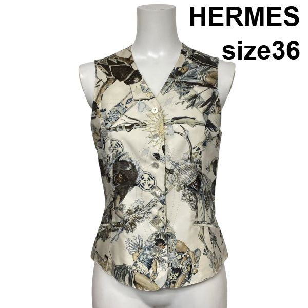 【中古】エルメス HERMES より良い ジレ マルジェラ期 北米インディアンの舞踊 ヴィンテージ 象牙色 絹地100％ 36 S 7号 レディース S6D781