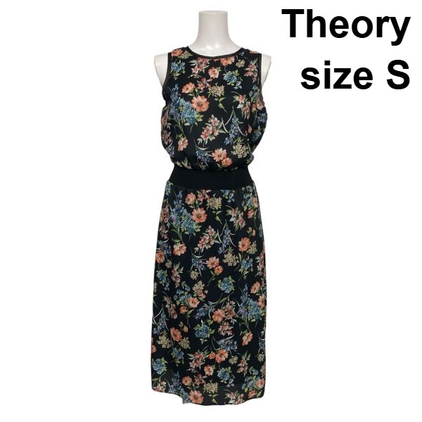 【中古】行動論理 Theory ロング衣裳 ノースリーブ 太陽フレア 花柄 ラウンドのど首 側面細長い切口 シアー 黒 S 7号 レディース S6D786