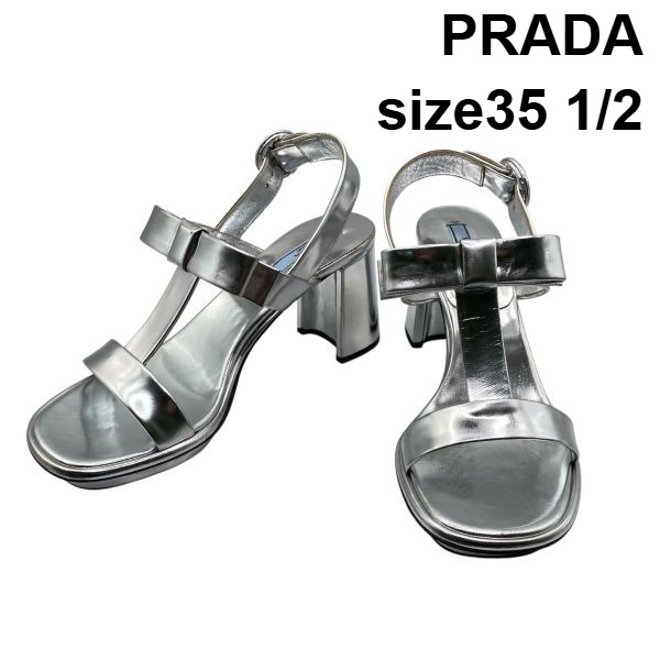 【中古】プラダ PRADA ストラップサンダル ミュール リボン Tストラップ オープントゥ チャンキーヒール シルバー 35 1/2 22.5cm レディース 6V494｜BRANKASTA 店
