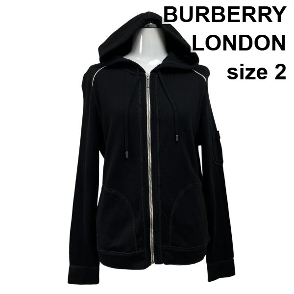 【中古】バーバリーロンドン BURBERRY ジップアップパーカー トップス 編み物 厚地の外套 長袖 ロゴタイプ フーディ― 黒 綿100％ 2 M 9号 レディース S6D803