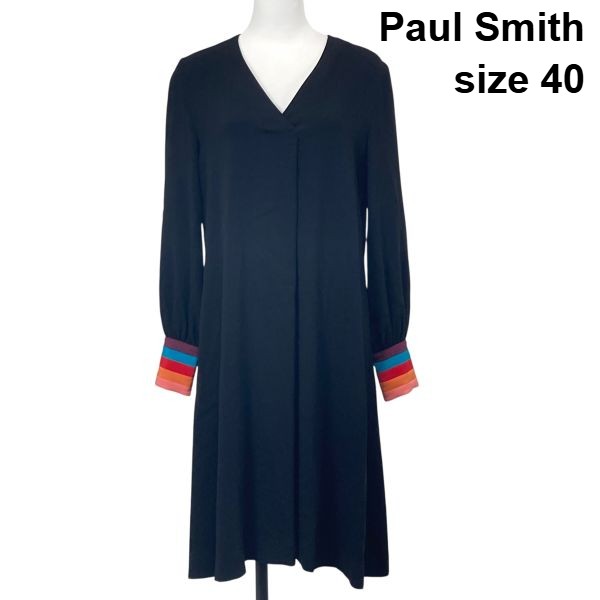 【中古】極点スミス Paul Smith マルチストライプカフス 太陽フレア衣装 Vのど首 長袖 MIDI丈  黒 40 L 11号 レディース S6D787