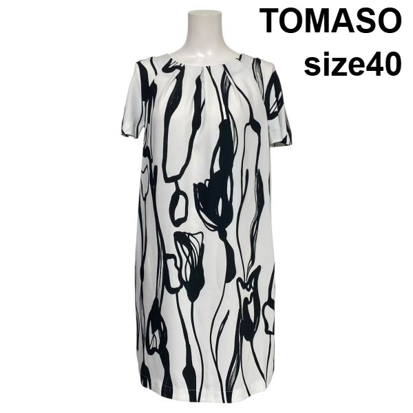 【中古】トマソ TOMASO ひざ丈衣裳 サック御召しもの 半袖 ラウンドのど首 ボックス席影ぼうし 総柄 白 黒 40 L 11号 レディース S6D755