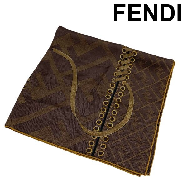 【中古】フェンディ FENDI えり巻き バンダナ 大判汗手拭い カレ ズッカ柄 FFロゴタイプ スピード競技引きあげる うす暗い赤銅色 絹地100％ レディース 6D220