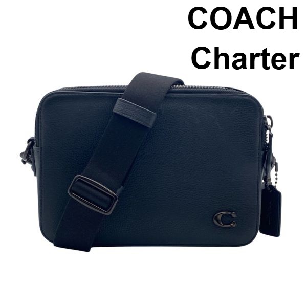 【中古】コーチ職 COACH 借り入れる Charter はりつけ台上半身 24 ショルダーバッグ 2WAY Cロゴタイプ ダブルジップ 真四角 黒 黒いこと なめし革 メンズ 6D224