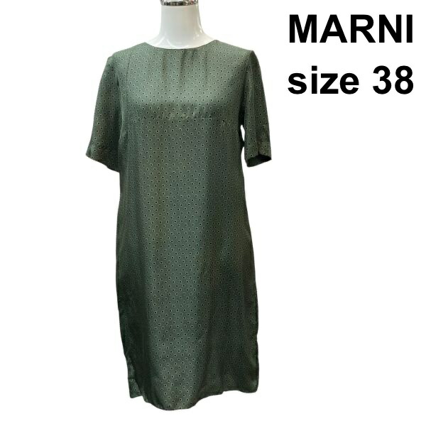 【中古】マルニ MARNI 衣装 半袖 ラウンドのど首 膝丈 刷り上げる 点点柄 緑であること カーキ 黒 絹地 38 M 9号 レディース Z6C719
