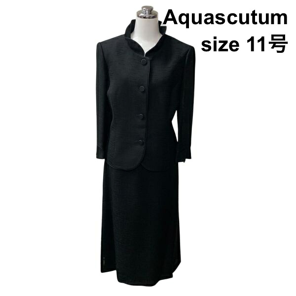 【中古】アクアスキュータム Aquascutum スコート背広 長袖フラウンス色合い上衣×ロングタイトスカート 黒 11号 L レディース Z6C111
