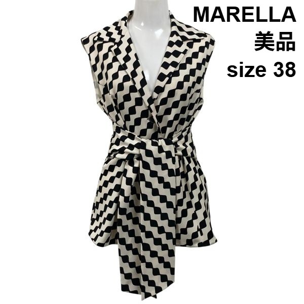 【中古】美品 マレーラ MARELLA 麻混 幾何学学柄 ノースリーブジレ より良い テーラードカラー 酉の方角シュロの葉付 麻 綿 38 M 9号 レディース S6E151