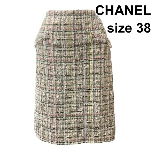 【中古】シャネル CHANEL タイトスカート 膝丈 ファンシーツィード はやりっ子スパンコール ロゴタイプ マルチ色つや 38 M 9号 レディース Z6C722