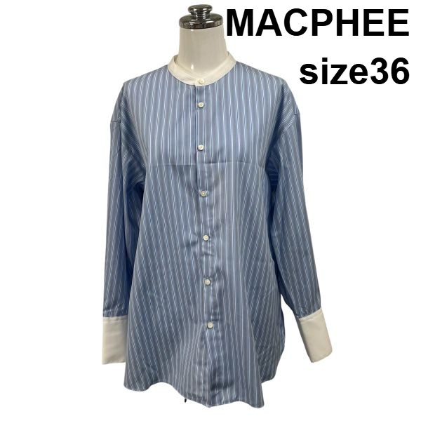 【中古】マカフィー MACPHEE バンドカラーシャツ トップ 長袖 縞模様 大層らしい大いさ 水色 綿織物 36 S 7号 レディース S6E120