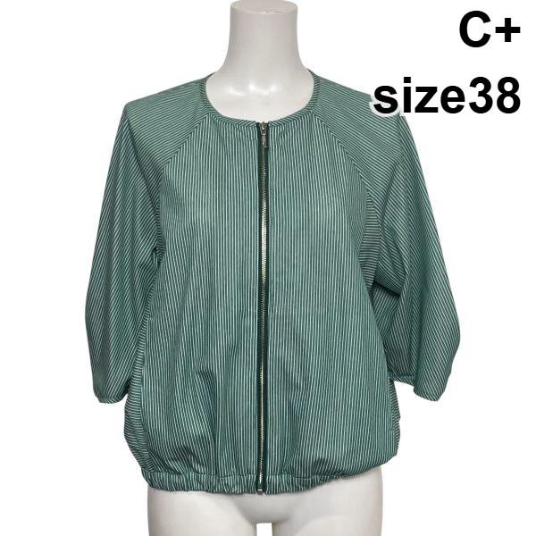 【中古】シー C＋ ジップアップブルゾン 上衣 七分袖 否色合い 縞模様 ラグラン捩り 緑であること 白 38 M 9号 レディース S6E158