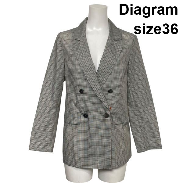 【中古】ダイアグラム Diagram シアージャケット ブルゾン テーラード 長袖 グレンチェック ダブルブレスト グレー 36 S 7号 レディース S6E100｜BRANKASTA 店
