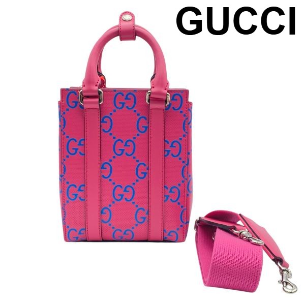【中古】美品 グッチ GUCCI ミニトートバッグ ショルダーバッグ GGエンボス モノグラム パンチング 2WAY ピンク ブルー レザー レディース 6D244｜BRANKASTA 店 89,540円