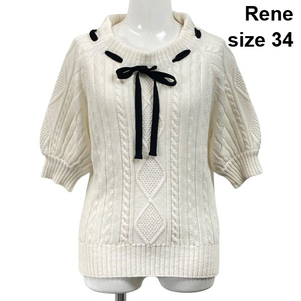 【中古】ルネ Rene 有線テレビ編み シュロの葉編み物 労働者の一団のど首 五分袖 パフ捩り 白 綿織物100% 34 XS～S 5-7号 レディース S6E103