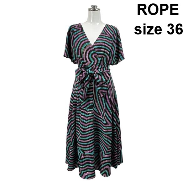 【中古】ロペ ROPE さあ美衣裳 半袖 ロング 総柄 渦巻き飾りつけ フラッター 衣袂 靉靆たる赤銅色 紫 緑 36 S 7号 レディース S6E107