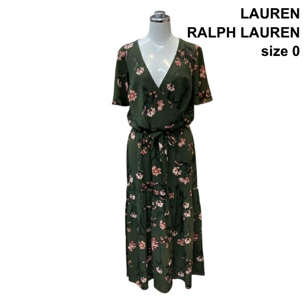 【中古】ローレンラルフローレン LAUREN カシュクールワンピース マキシ丈 半袖 ティアード 花柄 共布三尺帯 カーキ 0 XS 5号 レディース Z6C747