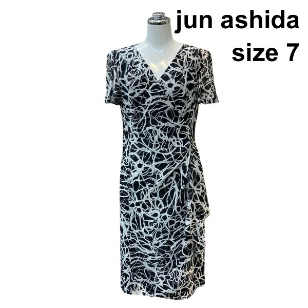 【中古】ジュンアシダ jun ashida 一回り衣裳 半袖 カシュクール ミモレ丈 一本調子 シアー 裏地あり 黒 白 絹 7号 S レディース Z6C743