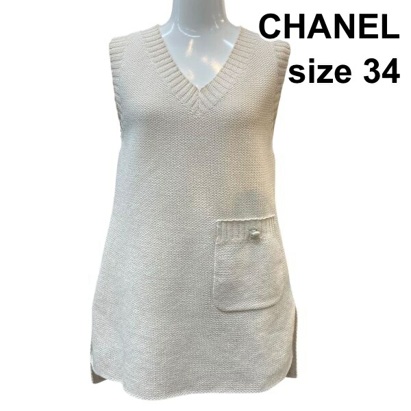 【中古】シャネル CHANEL 炎節編み物 ノースリーブ Vのど首 より良い ティーシャツ トップス 白系 綿 34 XS 5号 レディース Z6C738
