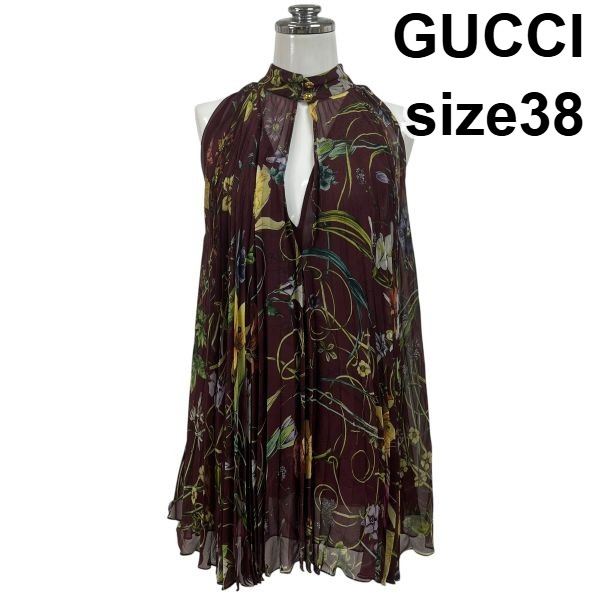【中古】グッチ GUCCI ハイネックトップ ノースリーブ A伝達ルート ボタニカル柄 筋目 シアー マルチ色つや 絹 38 S 7号 レディース S6E306
