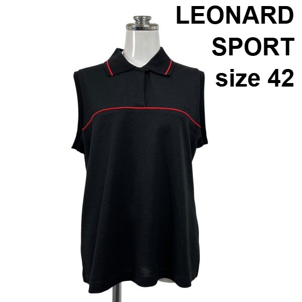 【中古】美品 レオナール LEONARD SPORTスポーツシャツ トップス ノースリーブ ワンポイント刺しゅう 襟 黒 赤 綿混 42 XL 13号 レディース S6E302