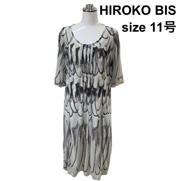 【中古】ヒロコねじ釘 HIROKO BIS 太陽面爆発衣裳 オーバルのど首 半袖 ロング丈 タック アンダー御召しもの付 薄墨色 黒 11号 L レディース Z6C157