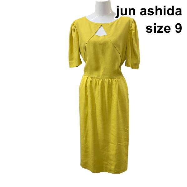 【中古】ジュンアシダ jun ashida ミモレ丈衣裳 短艇のど首 半袖 うつり変わり ギャザー きつい 黄味がかった 麻混 9 M 9号 レディース Z6C139