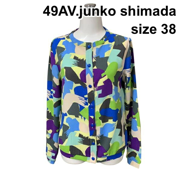 【中古】49AV.ジュンコシマダ junko shimada ジレー ラウンドのど首 長袖 前名取り草 カットソー 青 緑他 38 M 9号 レディース Z6C134
